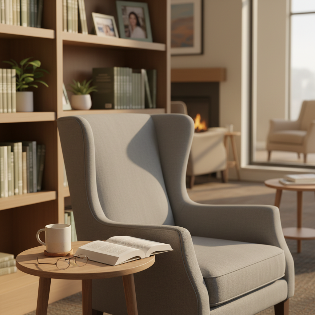 A tranquil reading nook in a common area of an assisted living facility, with a high-backed, upholstered armchair in soft gray positioned beside a small round side table. On the table rests a pair of reading glasses, an open hardcover book, and a ceramic mug on a cork coaster. Behind the chair, a built-in bookshelf holds neatly arranged large-print books and a few potted plants. Diffused afternoon light from a nearby window softly illuminates the space, creating a calm, focused atmosphere. Shot from a three-quarter angle with a shallow depth of field, the photographic image highlights quiet, independent leisure in a warm, inviting environment.