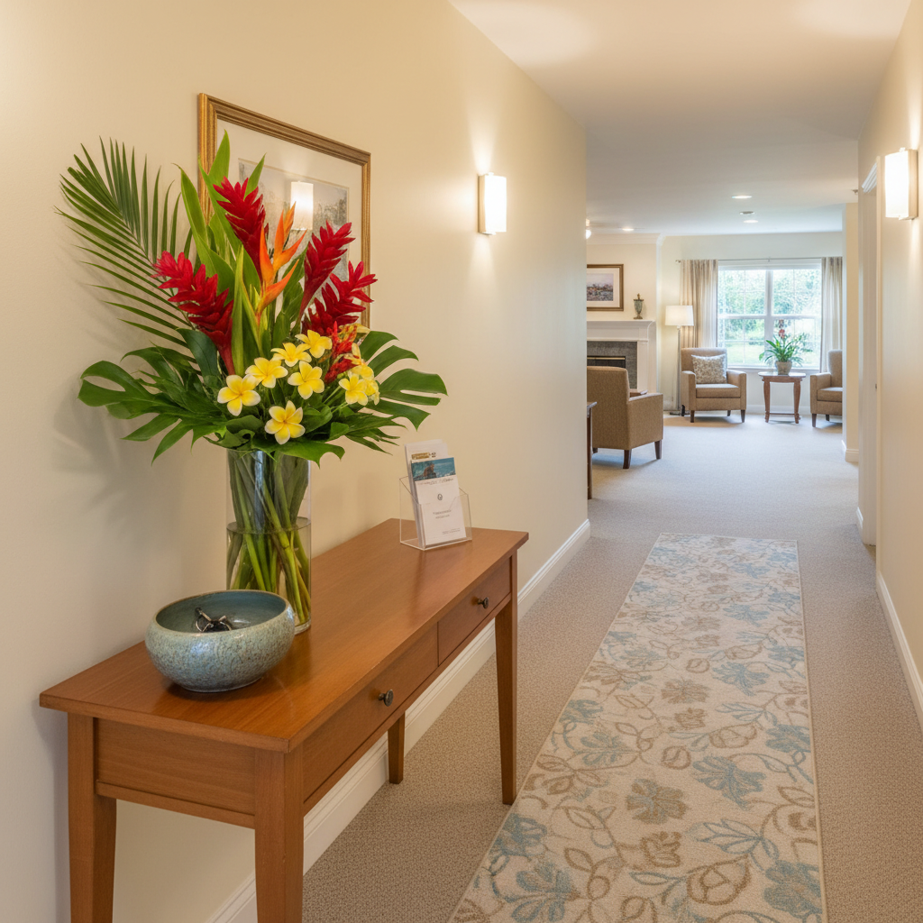 A welcoming entrance hallway of an assisted living home, with a console table in warm-toned wood holding a large glass vase of fresh tropical flowers, a decorative bowl for keys, and a small, unbranded brochure holder. A soft, patterned runner rug leads down the hallway toward a cozy, well-lit common area in the distance. Wall sconces with frosted glass shades cast a warm, even glow along the light-colored walls. Captured in photographic realism from a low eye-level perspective using the rule of thirds, the image conveys a sense of arrival, organization, and professional care in a comfortable residential setting.