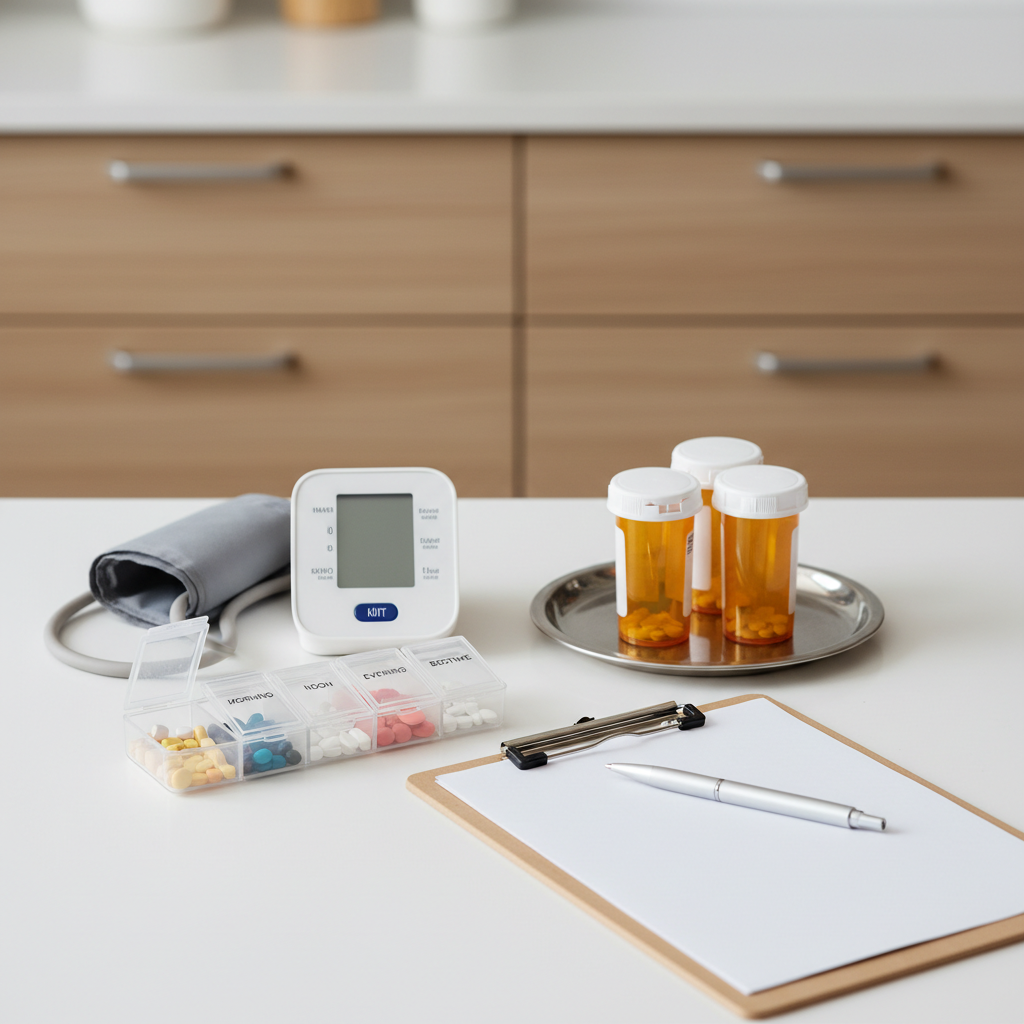 A tidy medication management station in an assisted living home, showing a clean, white countertop with a labeled, divided pill organizer, a digital blood pressure monitor, and a small tray with unopened prescription bottles turned so labels are not legible. A clipboard with neatly stacked, blank forms lies nearby, along with a simple pen. The background reveals softly blurred cabinetry in light wood tones. Overhead lighting and subtle natural light from an unseen window create even, neutral illumination. Framed in a centered, close-up composition in photographic realism, the image communicates professionalism, safety, and attentive health monitoring without appearing clinical or intimidating.