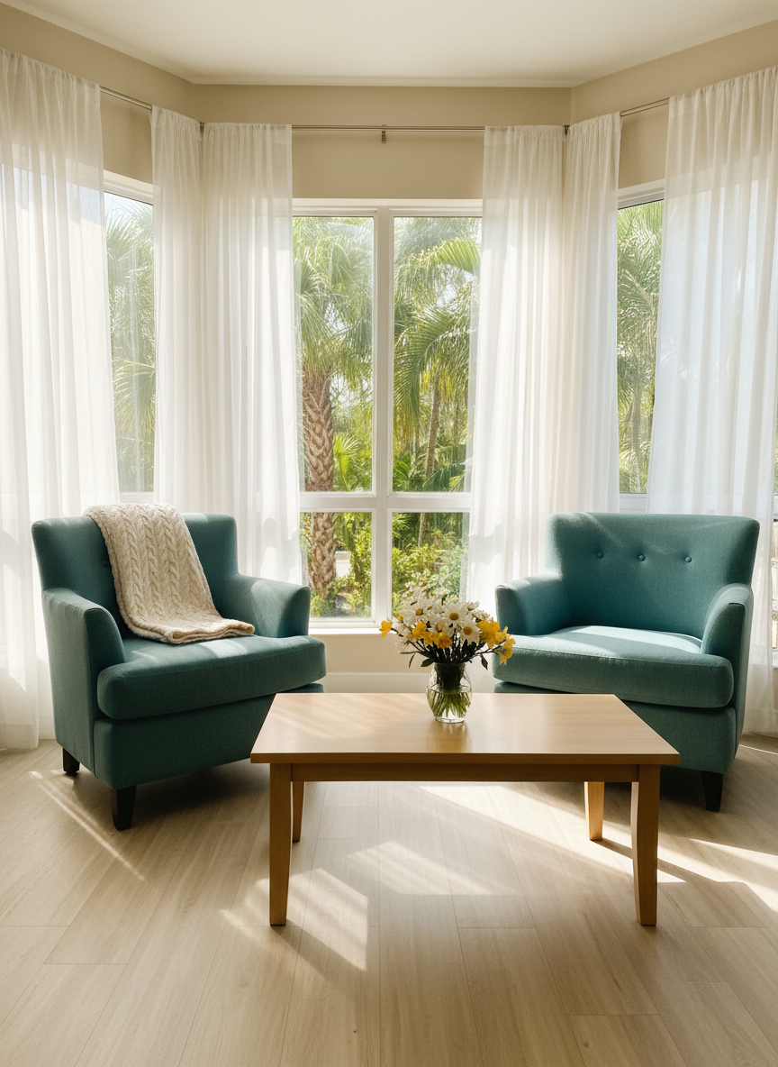 A sunlit, open-concept living room in a small assisted living home, with two plush, high-backed armchairs in soft teal fabric facing a low, light-oak coffee table. A neatly folded knitted throw rests over one armchair, and a small vase of fresh white and yellow flowers sits on the table. Large windows reveal lush Florida greenery outside, with sheer curtains diffusing the bright afternoon light into a warm glow. The scene is photographed at eye level with sharp focus throughout, in a clean, photographic realism style, conveying comfort, safety, and a welcoming home atmosphere.