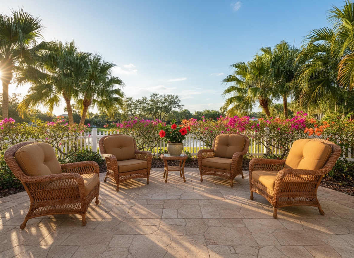 A serene outdoor patio at an assisted living facility in Florida, featuring cushioned wicker lounge chairs arranged around a small table with a potted flowering plant. Lush green palm fronds and flowering shrubs frame the space, and a low white fence defines the garden edge. The late-afternoon golden hour light bathes the scene, creating gentle highlights on the wicker texture and soft shadows on the stone pavers. The composition is shot from a slightly low angle, looking toward the seating, with clear blue sky visible above. The photographic realism emphasizes relaxation, fresh air, and a peaceful, resort-like atmosphere that still feels intimate and homey.