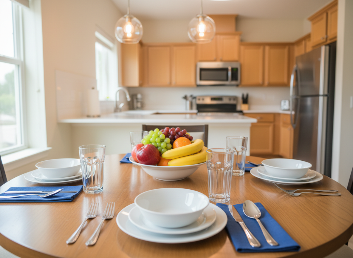 A bright, cheerful dining area in a small assisted living home, with a round wooden dining table set for four. Each place has a simple white plate, stainless steel cutlery, a cloth napkin neatly folded, and a clear glass of water. A colorful bowl of fresh fruit sits in the center. In the background, a compact, modern kitchen with light cabinetry, stainless appliances, and a tidy countertop suggests home-cooked meals. Warm pendant lights create a golden glow, complemented by natural window light. Captured at eye level with a slight depth of field blur on the background, the photographic scene feels inviting and homelike.