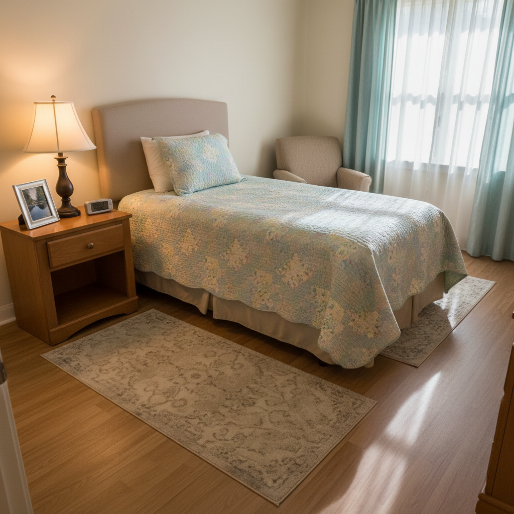 A cozy private bedroom in an assisted living facility, featuring a neatly made twin bed with a quilted, pastel-patterned comforter and a padded headboard in light beige fabric. A wooden nightstand holds a classic lamp with a warm cream shade, a framed landscape photo, and a small digital clock. A soft, neutral area rug covers part of the laminate wood floor. Gentle late-morning sunlight filters through a window with light blue curtains, casting soft shadows. Shot from a slightly elevated corner angle to show the entire room, the photographic image feels calm, clean, and dignified, highlighting a personal, comfortable retreat.